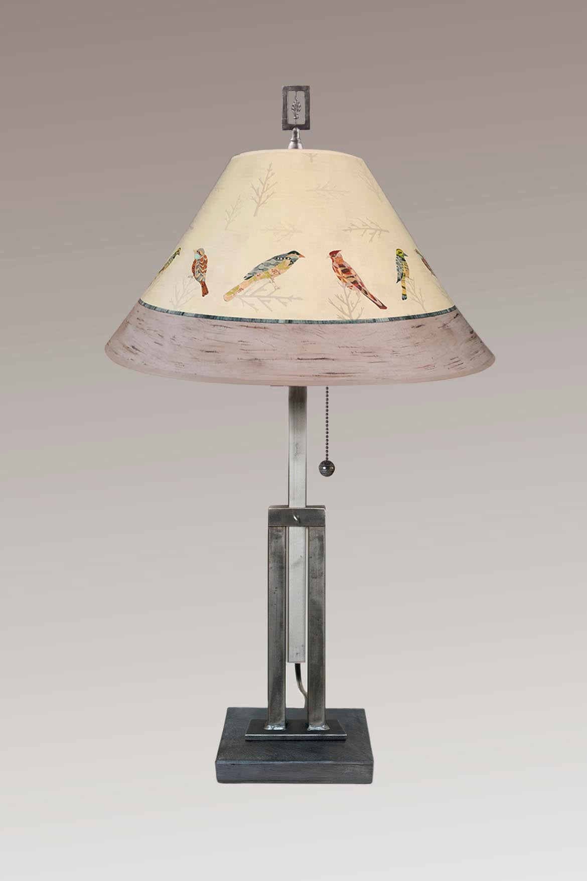Janna Ugone &amp; Co Table Lamps Adjustable-Height Steel Table Lamp with Large Conical Shade in Bird Friends