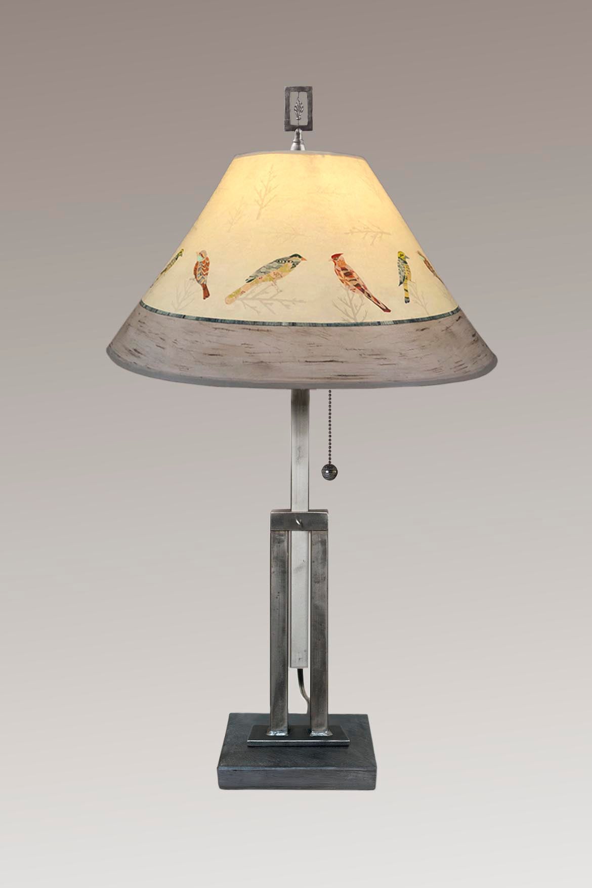 Janna Ugone &amp; Co Table Lamps Adjustable-Height Steel Table Lamp with Large Conical Shade in Bird Friends