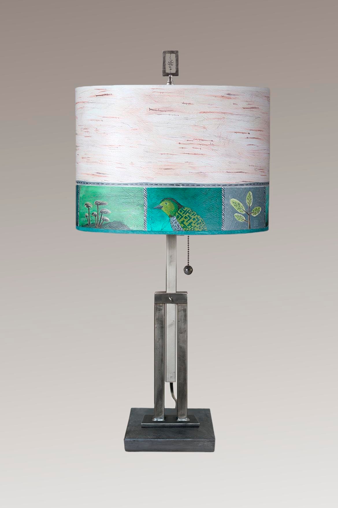 Janna Ugone &amp; Co Table Lamp Adjustable-Height Steel Table Lamp with Large Drum Shade in Woodland Trails in Birch