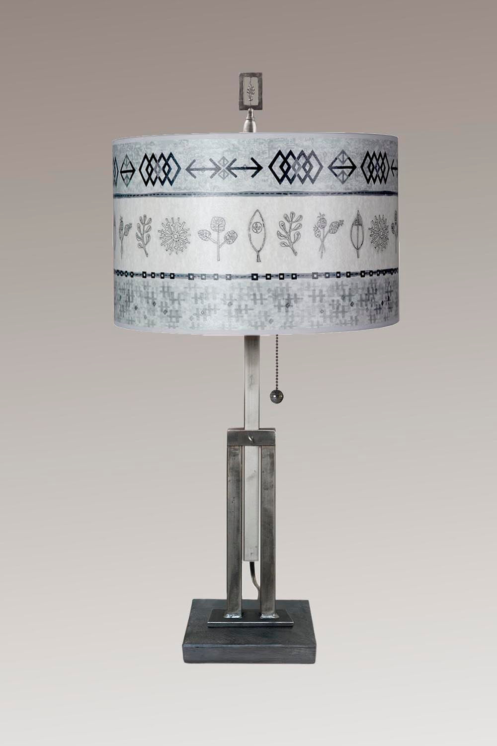 Janna Ugone &amp; Co Table Lamps Adjustable-Height Steel Table Lamp with Large Drum Shade in Wovens &amp; Spring in Mist