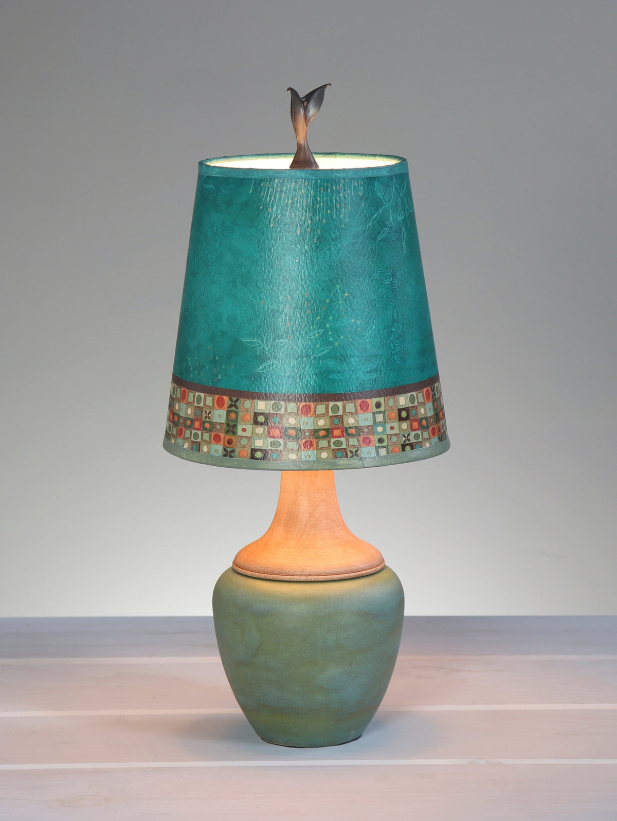 Janna Ugone &amp; Co Table Lamps Ceramic and Maple Table Lamp with Small Drum Shade in Jade Mosaic