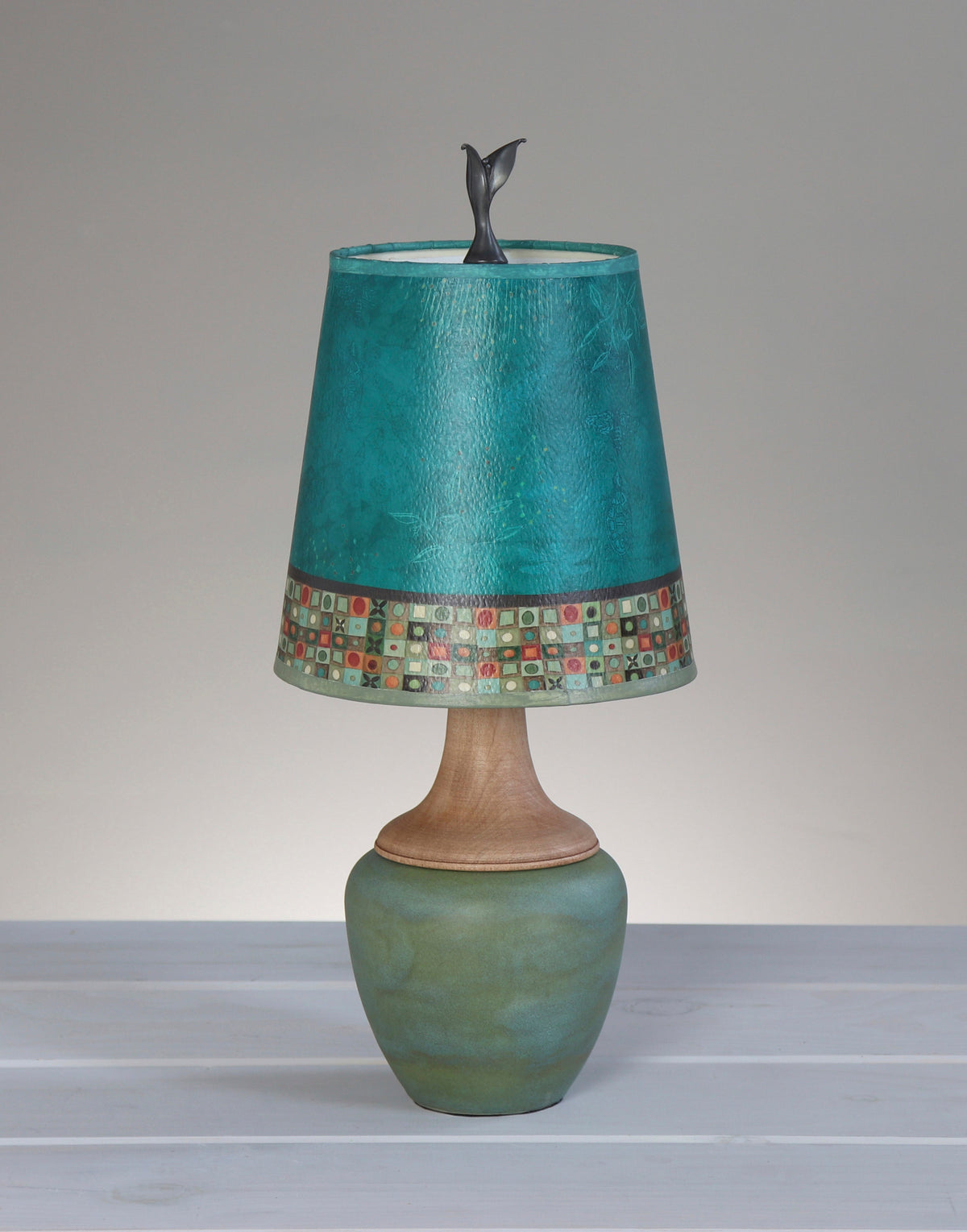 Janna Ugone &amp; Co Table Lamps Ceramic and Maple Table Lamp with Small Drum Shade in Jade Mosaic