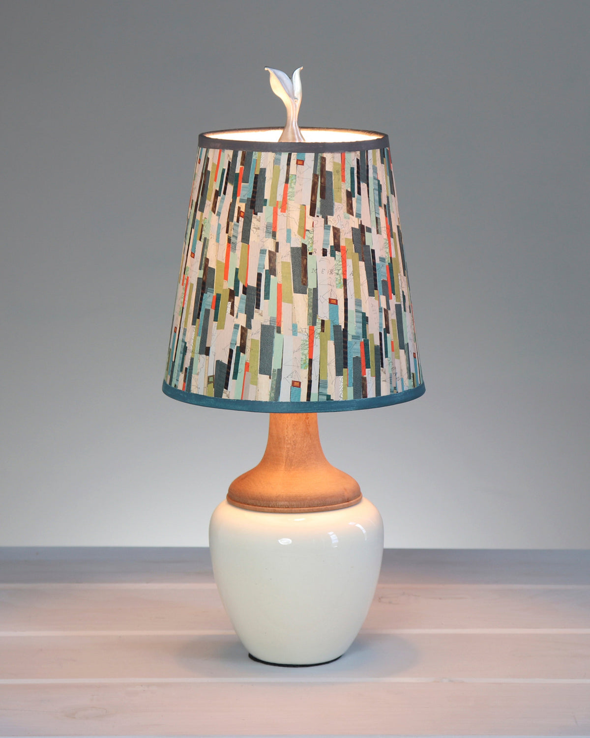 Janna Ugone &amp; Co Table Lamps Ceramic and Maple Table Lamp in Ivory Gloss with Small Drum Shade in Papers