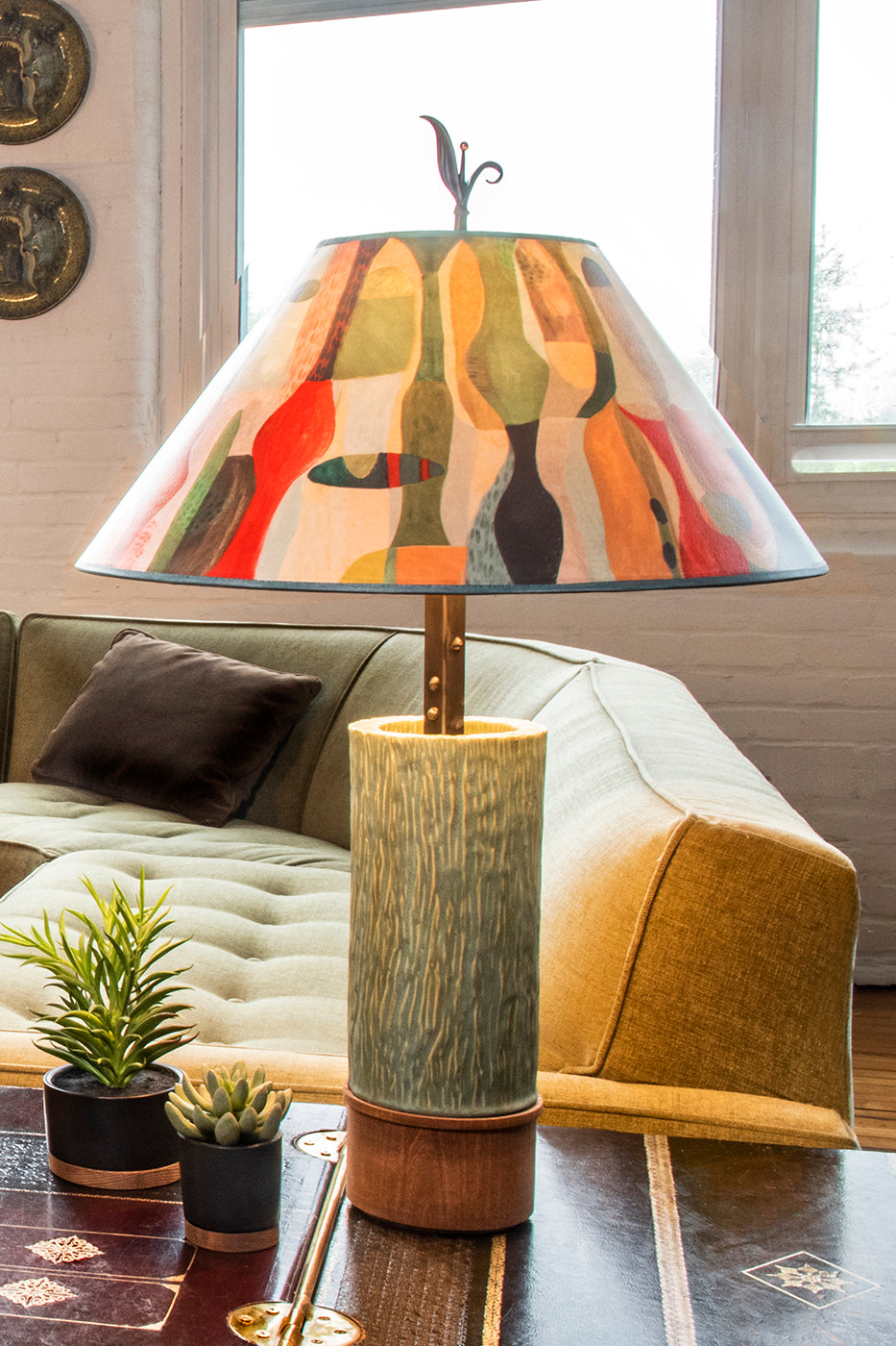 Ceramic and Wood Table Lamp with Large Conical Shade in Riviera in Poppy