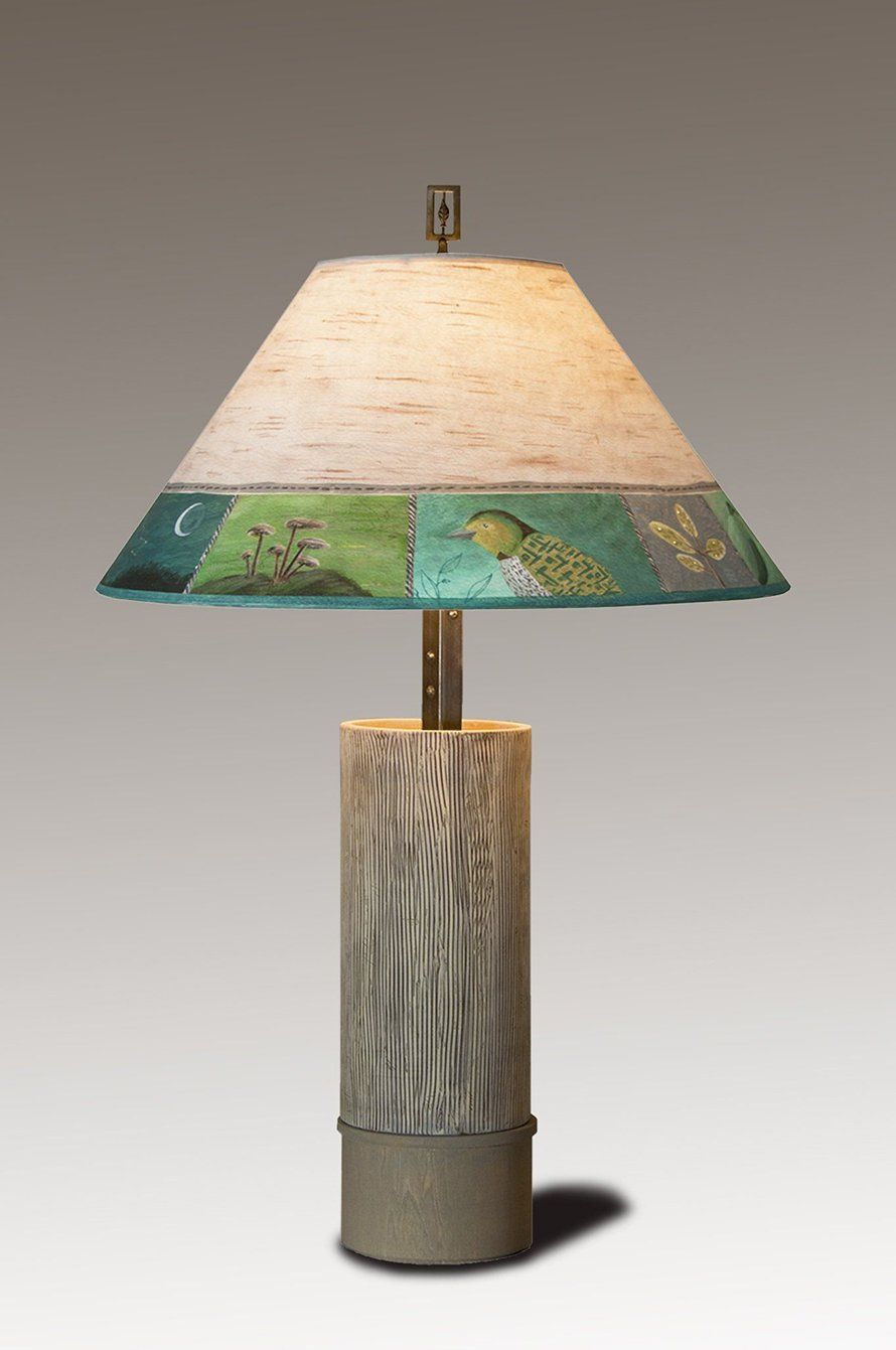 Janna Ugone &amp; Co Table Lamps Ceramic and Wood Table Lamp with Large Conical Shade in Woodland Trail in Birch