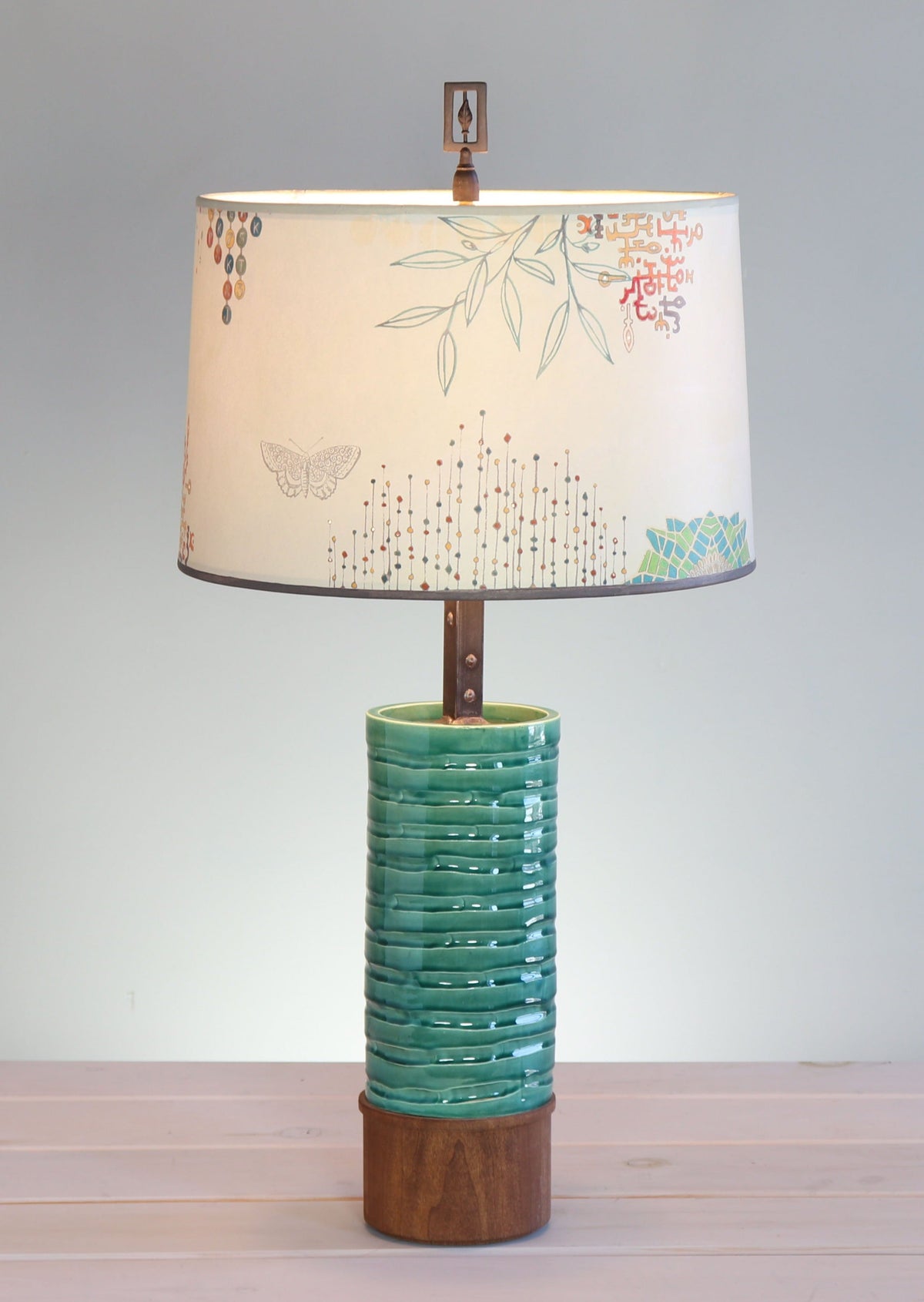 Janna Ugone &amp; Co Table Lamps Ceramic and Wood Table Lamp with Large Drum Shade in Ecru Journey
