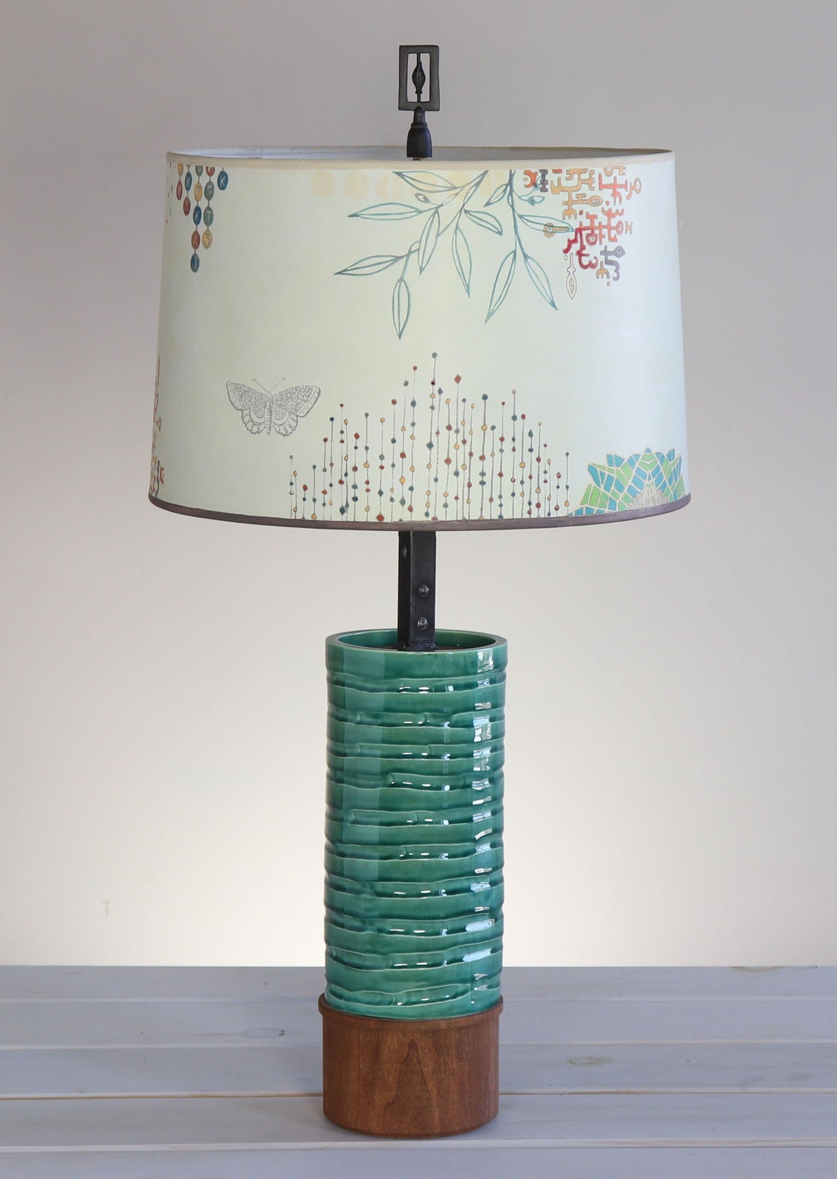 Janna Ugone &amp; Co Table Lamps Ceramic and Wood Table Lamp with Large Drum Shade in Ecru Journey