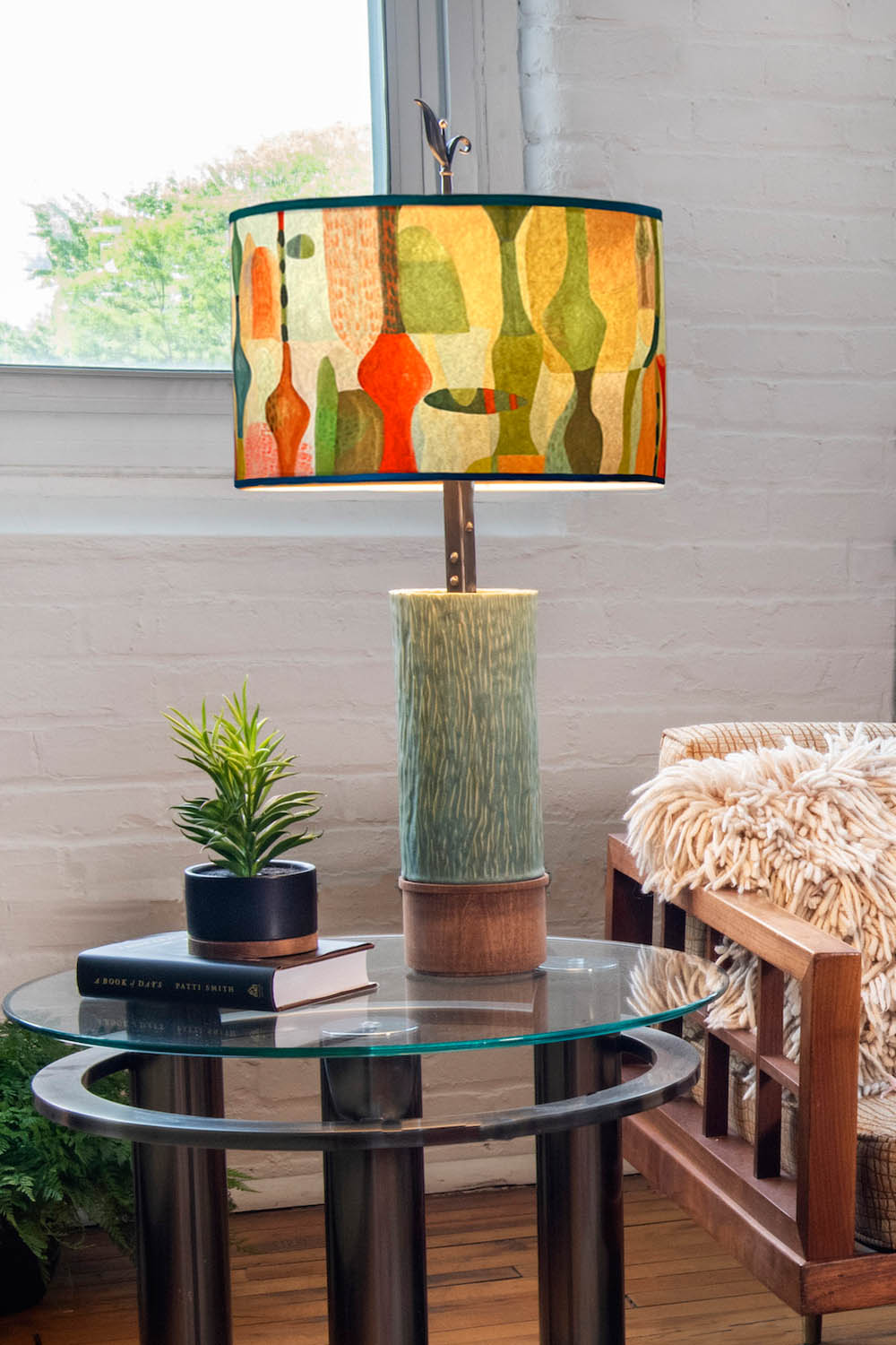 Janna Ugone &amp; Co Table Lamp Ceramic and Wood Table Lamp with Large Drum Shade in Riviera in Poppy