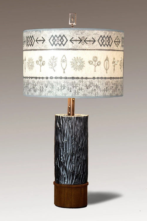 Janna Ugone &amp; Co Table Lamps Ceramic and Wood Table Lamp with Large Drum Shade in Woven &amp; Sprig in Mist