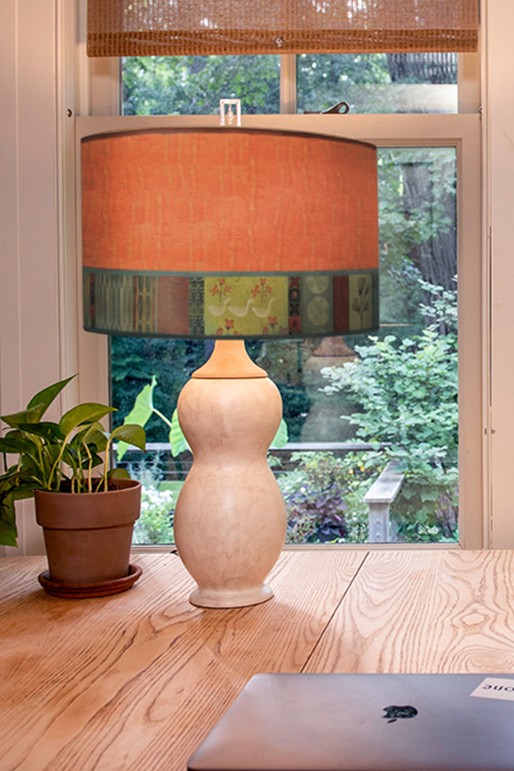 Janna Ugone &amp; Co Table Lamps Ceramic &amp; Maple Table Lamp with Large Drum Shade in Melody in Coral