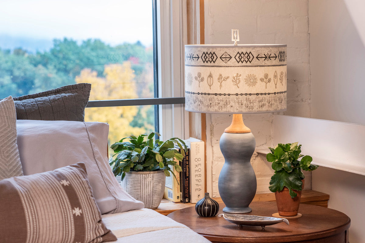 Janna Ugone & Co Table Lamp Ceramic & Maple Table Lamp with Large Drum Shade in Woven & Sprig in Mist