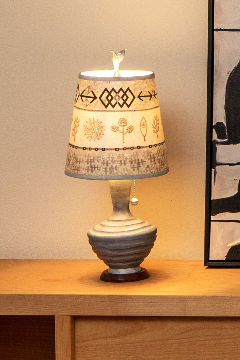 Janna Ugone &amp; Co Table Lamps Ceramic Table Lamp with Small Drum Shade in Woven &amp; Sprig in Mist