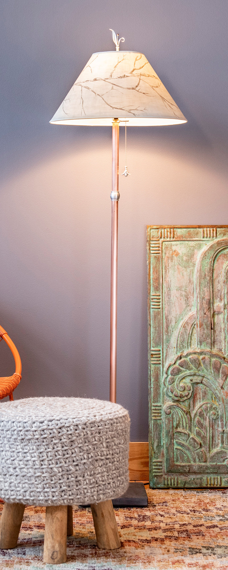 Copper Floor Lamp with Large Conical Shade in Sweeping Branch