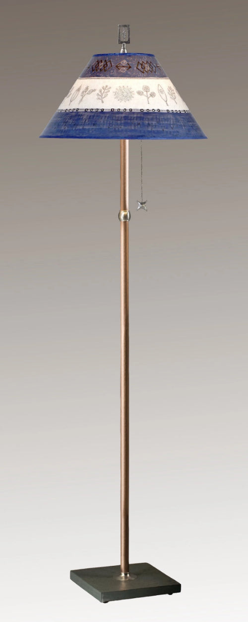 Copper Floor Lamp with Large Conical Shade in Woven Sprig &amp; Sapphire