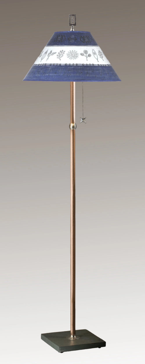 Copper Floor Lamp with Large Conical Shade in Woven Sprig &amp; Sapphire