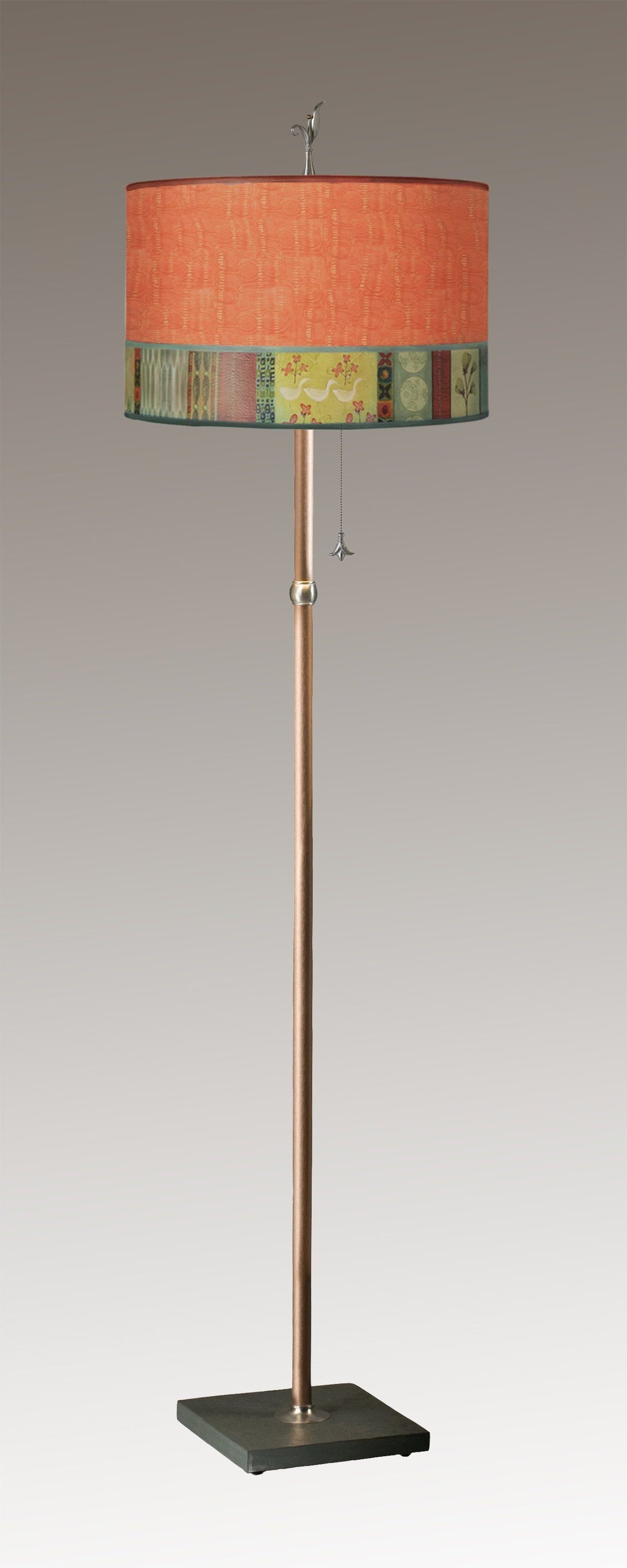 Janna Ugone &amp; Co Floor Lamps Copper Floor Lamp with Large Drum Lampshade in Melody in Coral