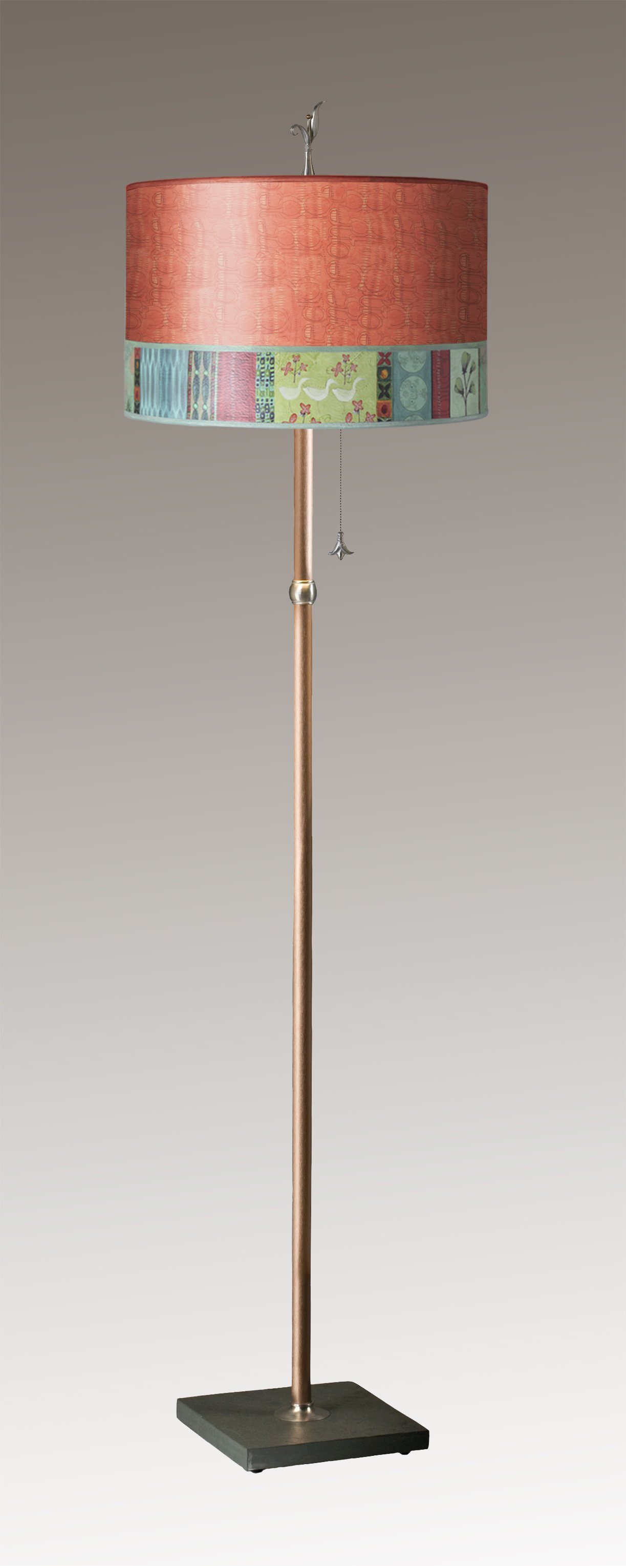 Janna Ugone & Co Floor Lamps Copper Floor Lamp with Large Drum Lampshade in Melody in Coral