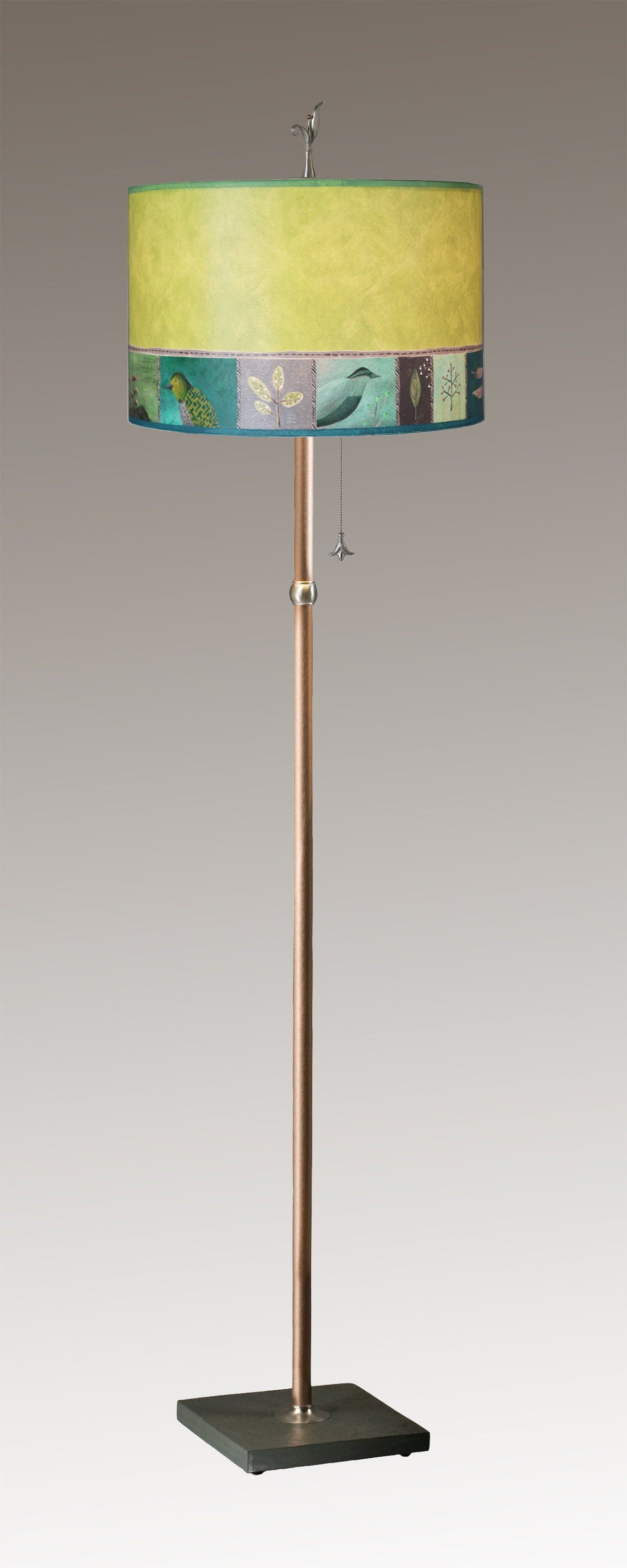 Janna Ugone &amp; Co Floor Lamps Copper Floor Lamp with Large Drum Shade in Woodland Trails in Leaf