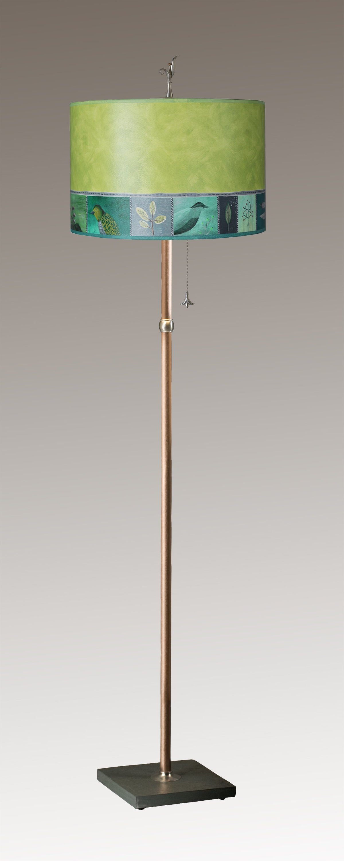 Janna Ugone &amp; Co Floor Lamps Copper Floor Lamp with Large Drum Shade in Woodland Trails in Leaf