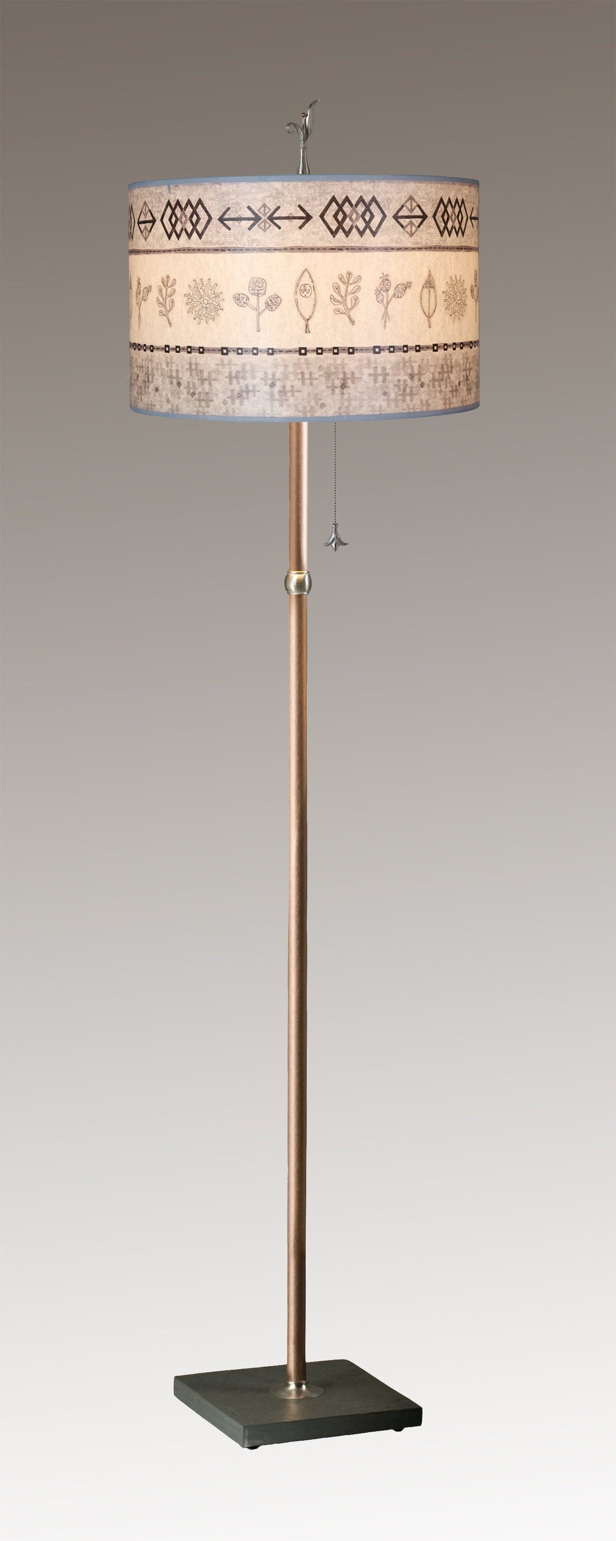 Copper Floor Lamp with Large Drum Shade in Woven &amp; Sprig in Mist
