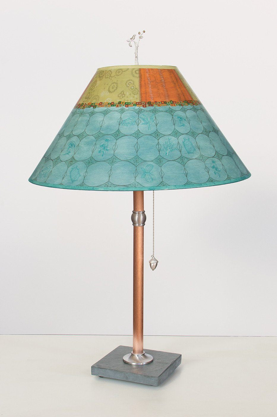 Copper Table Lamp on Vermont Slate with Large Conical Shade in Paradise Pool