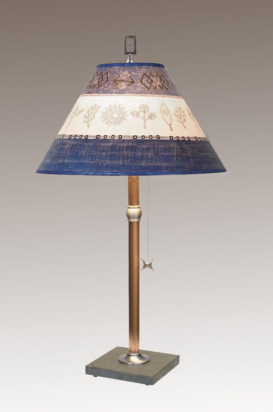 Janna Ugone &amp; Co Table Lamps Copper Table Lamp with Medium Conical Shade in Woven &amp; Sprig in Sapphire