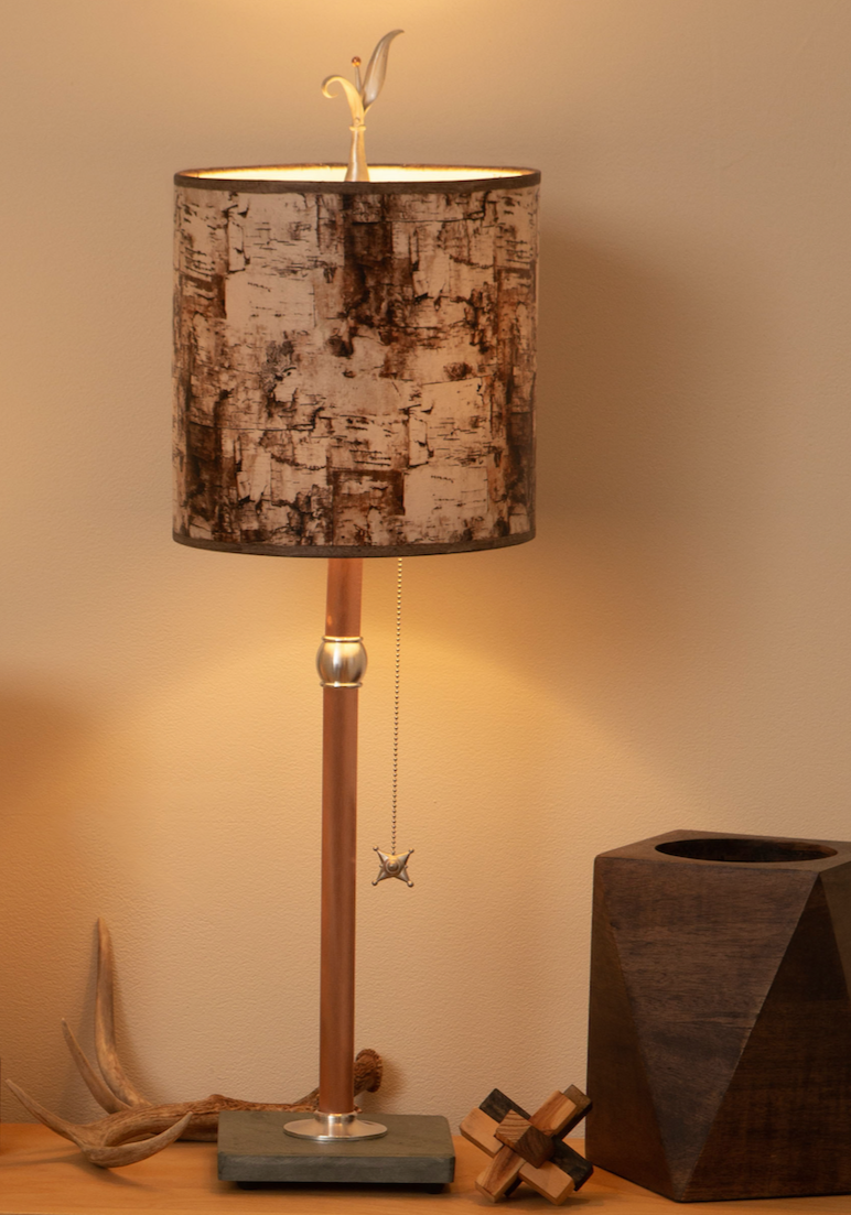 Janna Ugone & Co Table Lamps Copper Table Lamp with Medium Drum Shade in Birch Bark
