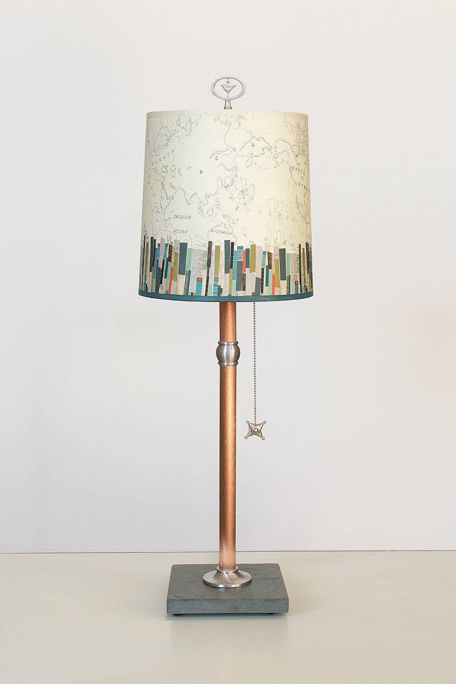 Janna Ugone &amp; Co Table Lamps Copper Table Lamp with Medium Drum Shade in Papers Edge