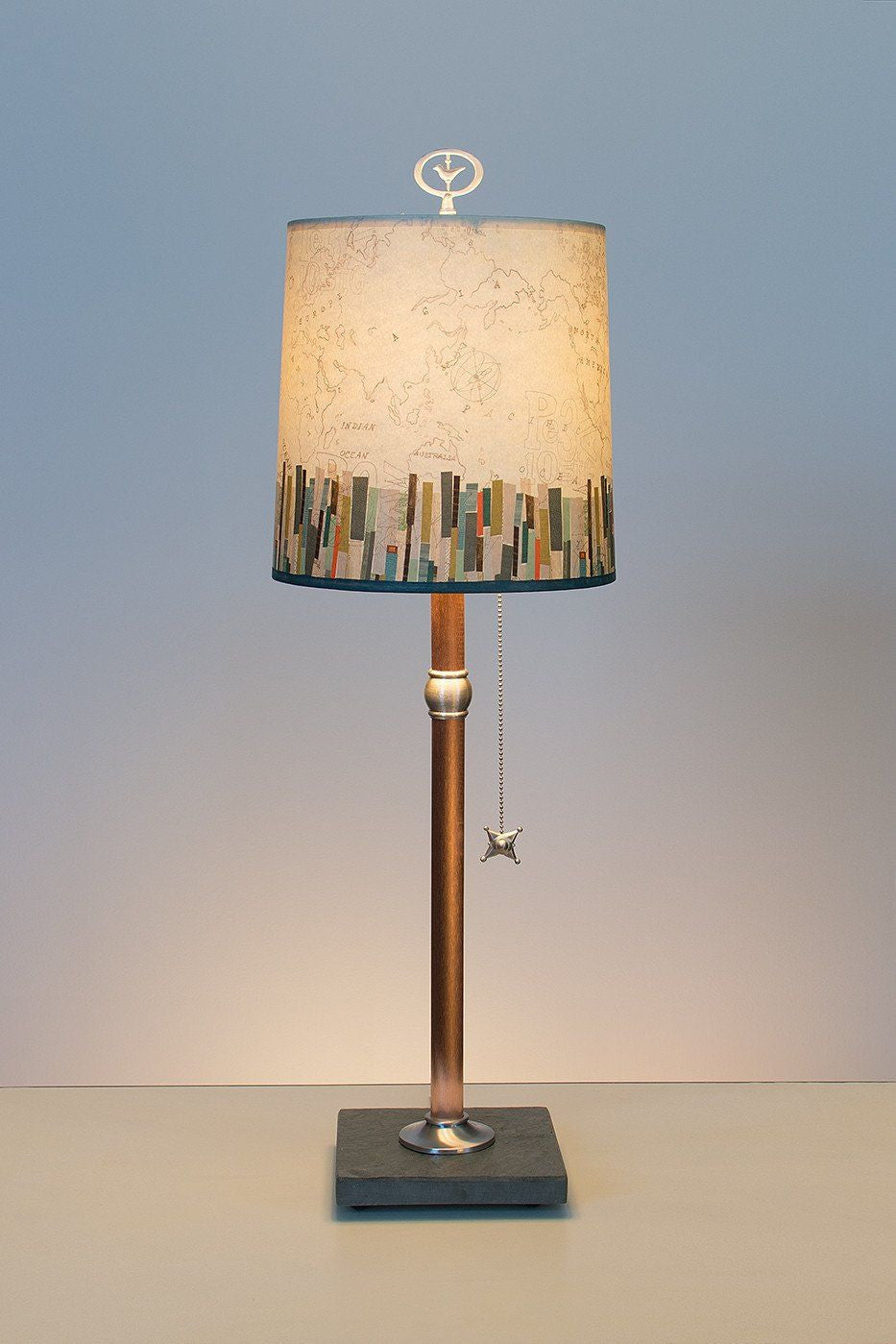 Copper Table Lamp with Medium Drum Shade in Papers Edge