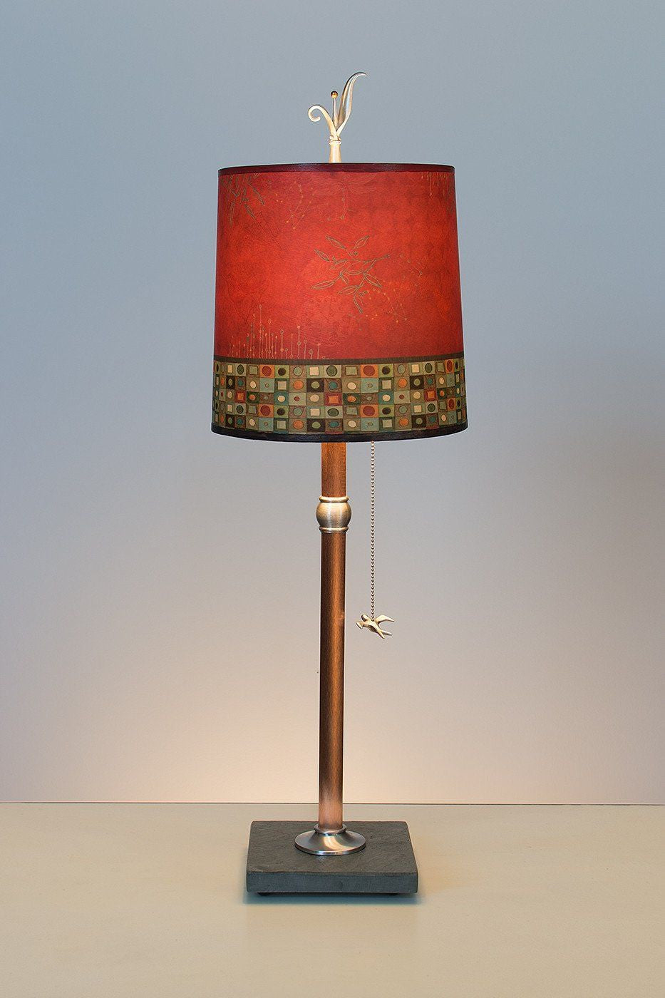 Copper Table Lamp with Medium Drum Shade in Red Mosaic
