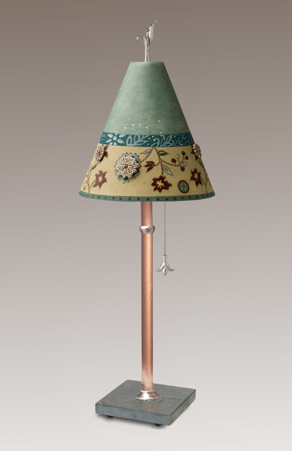 Janna Ugone &amp; Co Table Lamps Copper Table Lamp with Small Conical Ceramic Shade in Eden Sea Glass