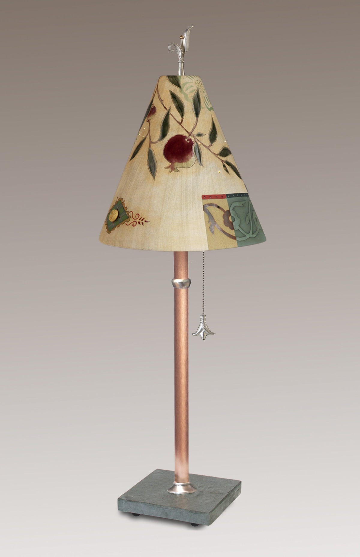 Copper Table Lamp with Small Conical Ceramic Shade in Pomegranate Ribbon