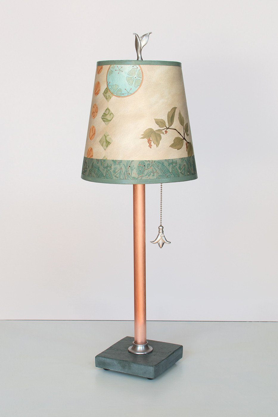 Copper Table Lamp on Vermont Slate Base with Small Drum Shade in Celestial Leaf