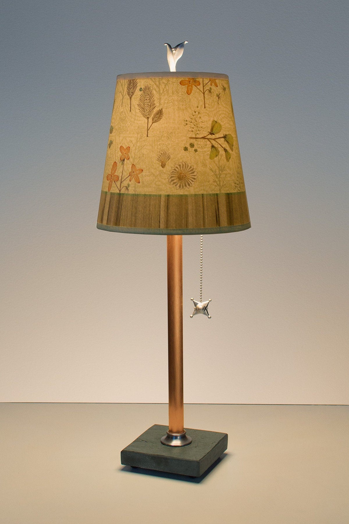 Janna Ugone &amp; Co Table Lamps Copper Table Lamp with Small Drum Shade in Flora &amp; Maze