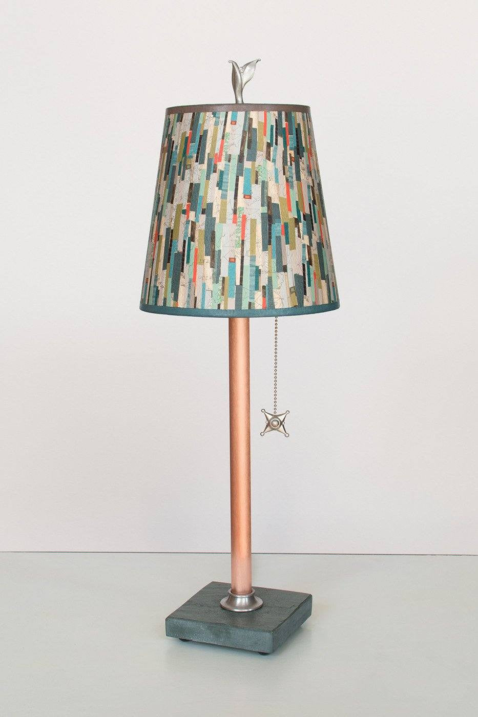 Copper Table Lamp on Vermont Slate Base with Small Drum Shade in Papers