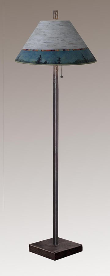 Janna Ugone &amp; Co Floor Lamp Steel Floor Lamp on  Reclaimed Wood with Large Conical Shade in Birch Midnight