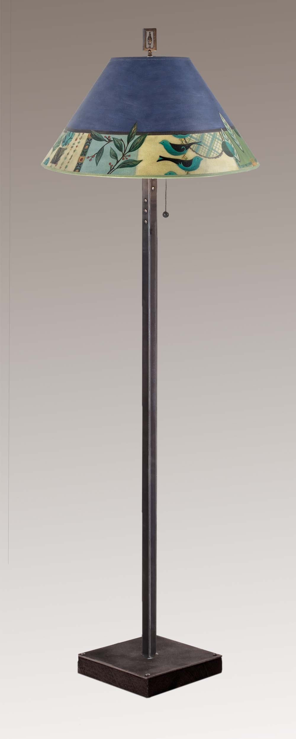 Janna Ugone &amp; Co Floor Lamps Steel Floor Lamp on  Reclaimed Wood with Large Conical Shade in New Capri Periwinkle