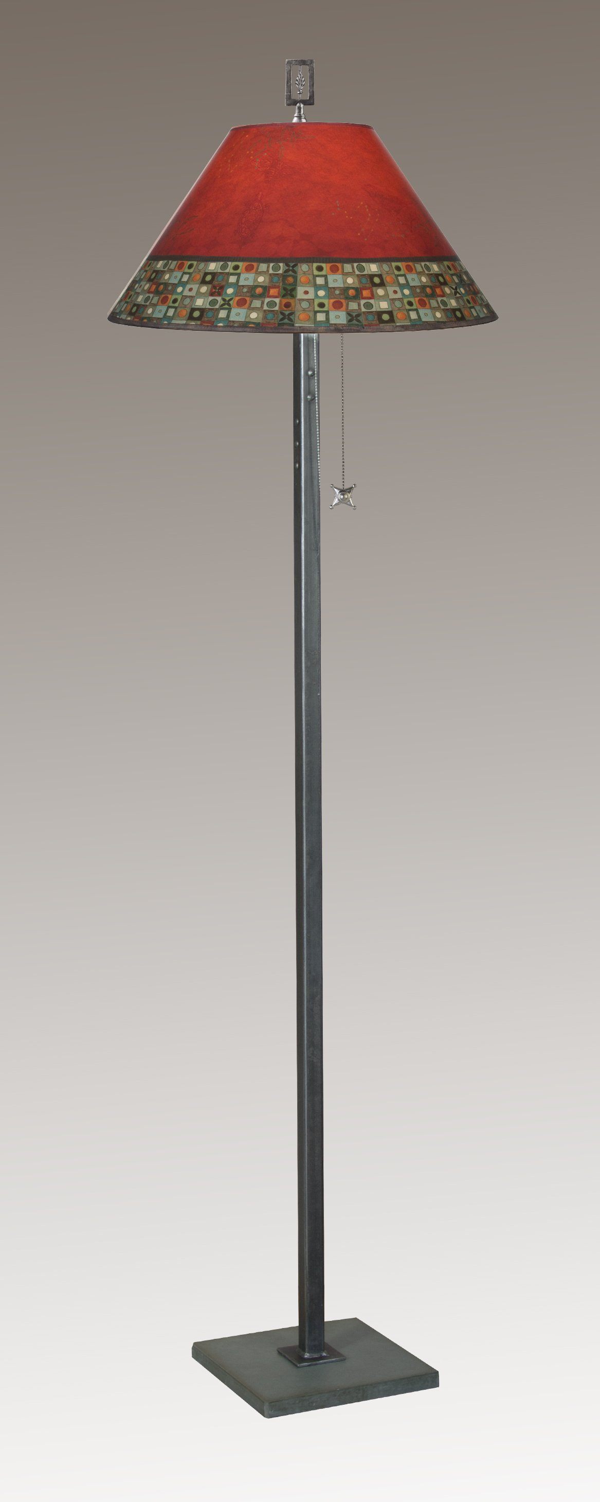 Steel Floor Lamp with Large Conical Shade in Red Mosaic