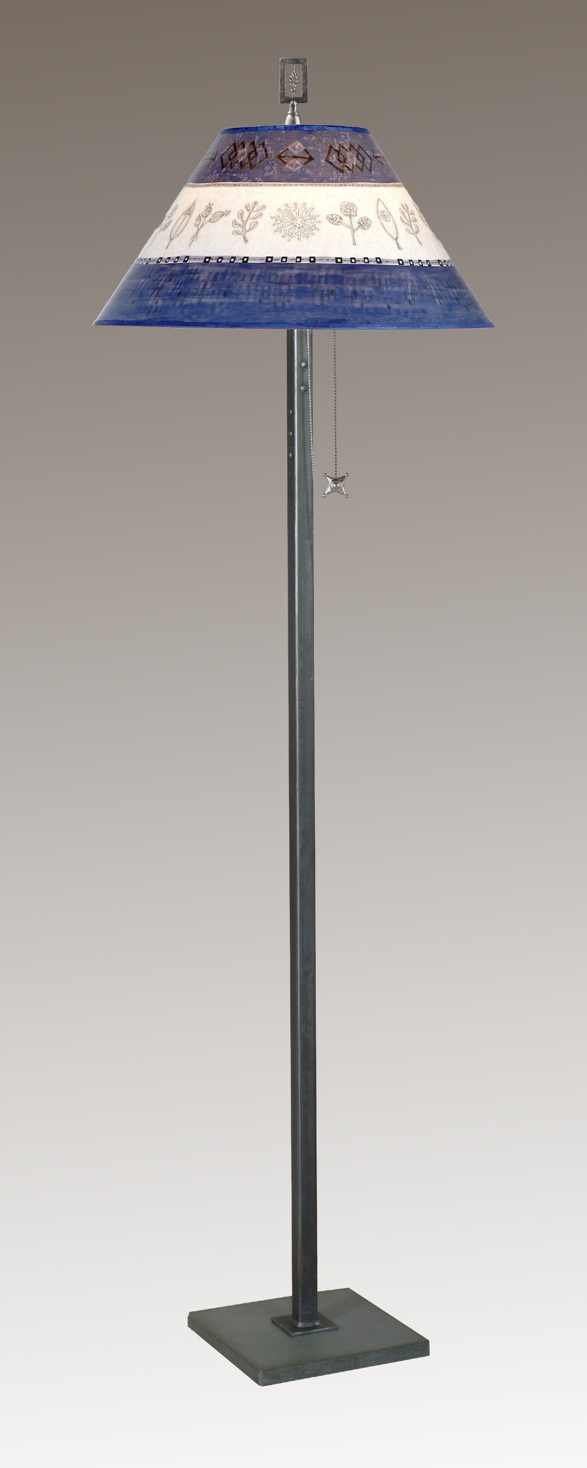 Steel Floor Lamp with Large Conical Shade in Woven Sprig &amp; Sapphire