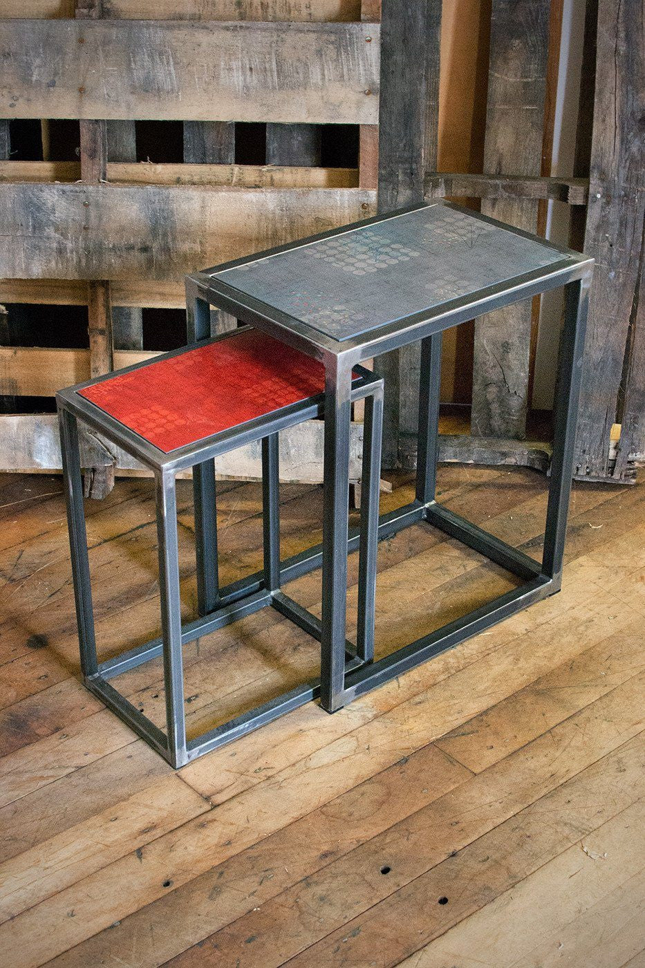 Janna Ugone &amp; Co Steel Tables Steel Nesting Table Set in Red Journey &amp; Graphite Journey