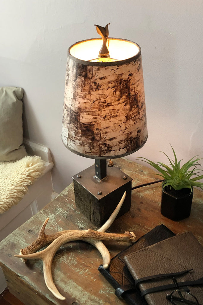 Janna Ugone &amp; Co Table Lamps Steel Table Lamp on Reclaimed Wood with Small Drum Shade in Birch Bark