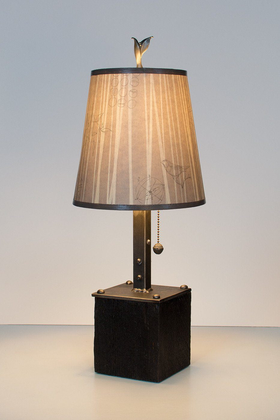 Janna Ugone &amp; Co Table Lamps Steel Table Lamp on Reclaimed Wood with Small Drum Shade in Birch Lines