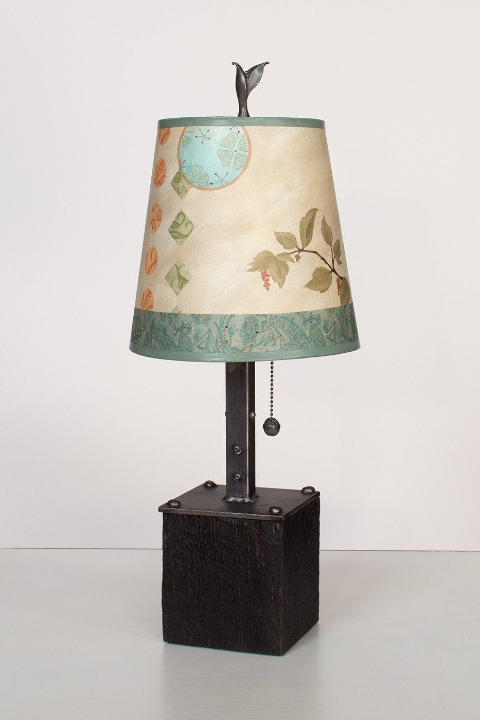 Janna Ugone & Co Table Lamps Steel Table Lamp on Reclaimed Wood with Small Drum Shade in Celestial Leaf