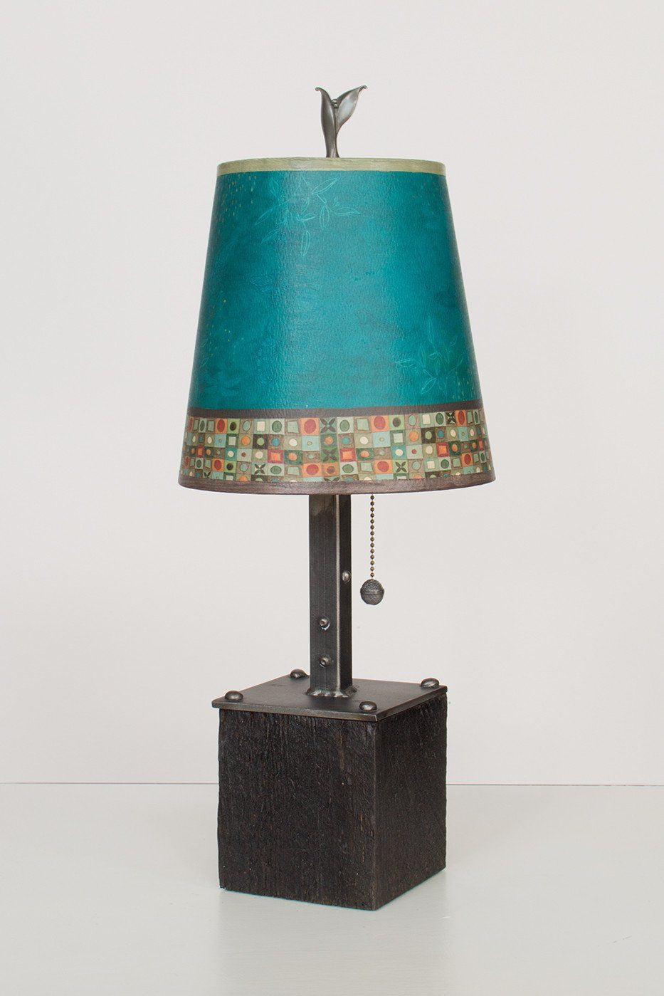Steel Table Lamp on Reclaimed Wood with Small Drum Shade in Jade Mosaic