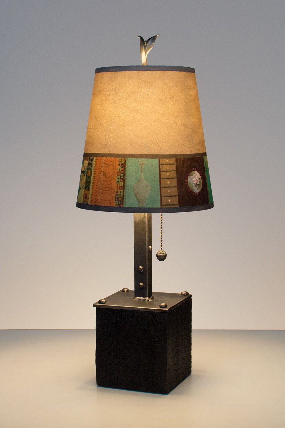Janna Ugone &amp; Co Table Lamps Steel Table Lamp on Reclaimed Wood with Small Drum Shade in Linen Match