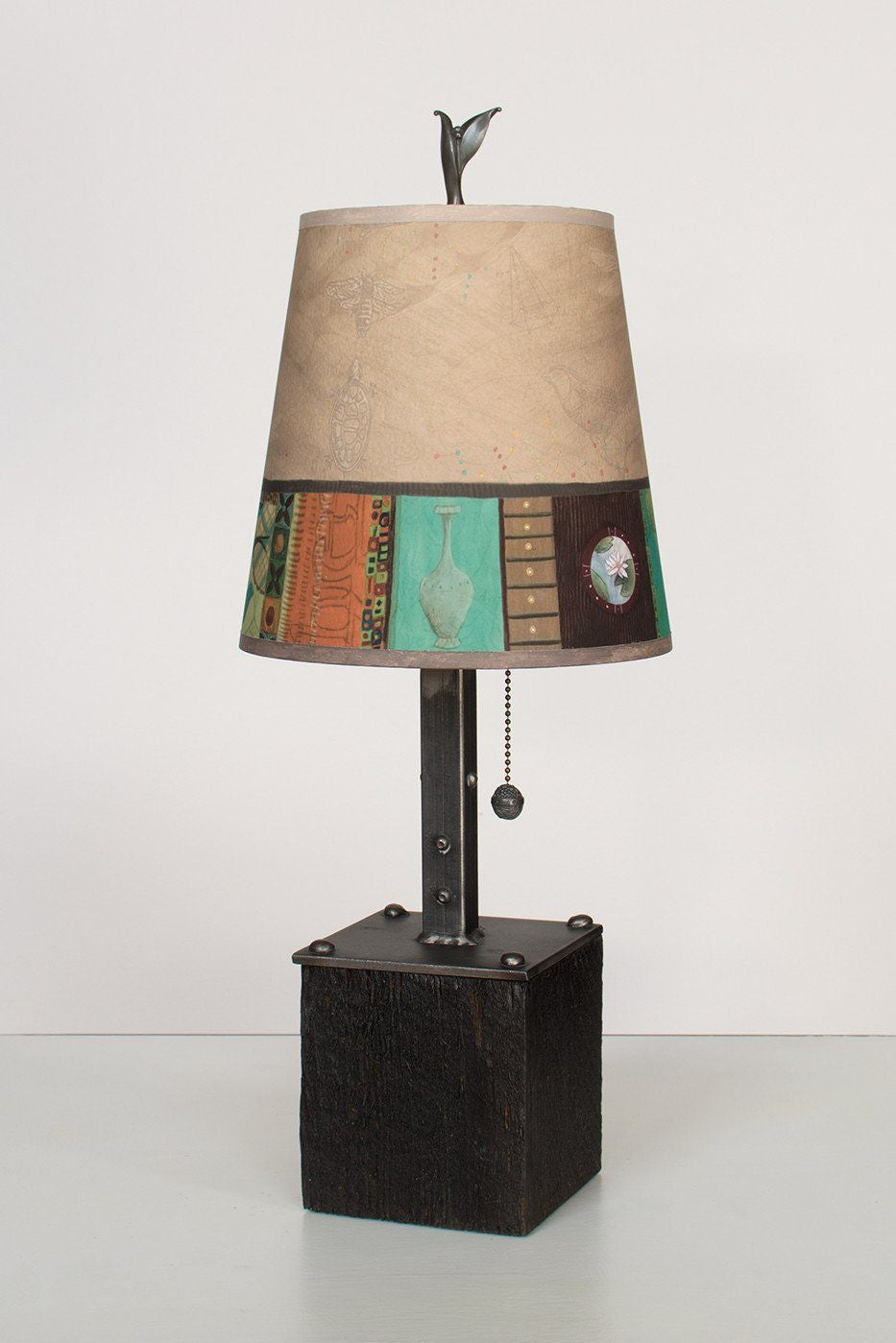 Steel Table Lamp on Reclaimed Wood with Small Drum Shade in Linen Match Lit