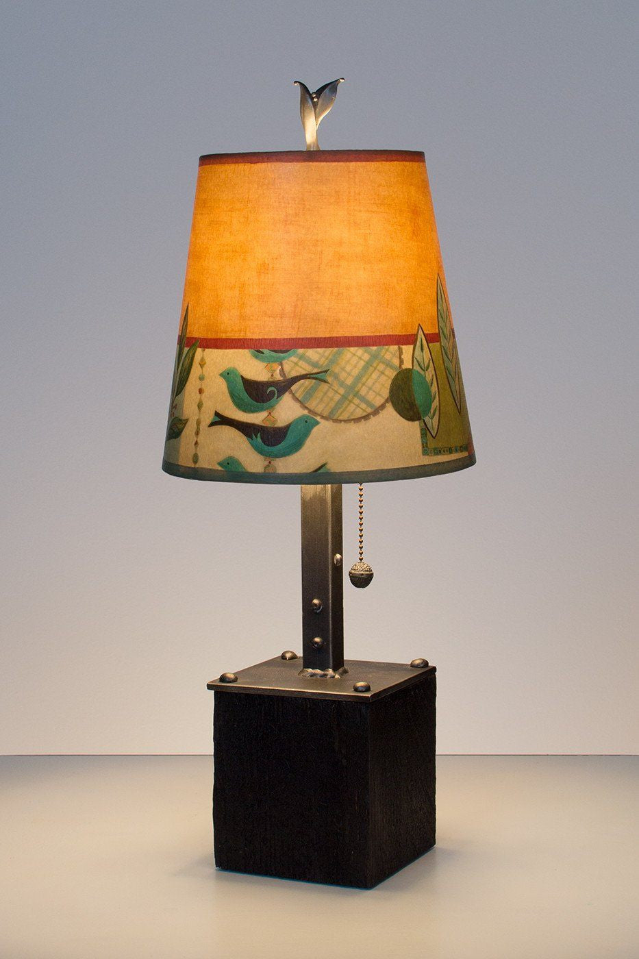 Janna Ugone &amp; Co Table Lamps Steel Table Lamp on Reclaimed Wood with Small Drum Shade in New Capri Spice