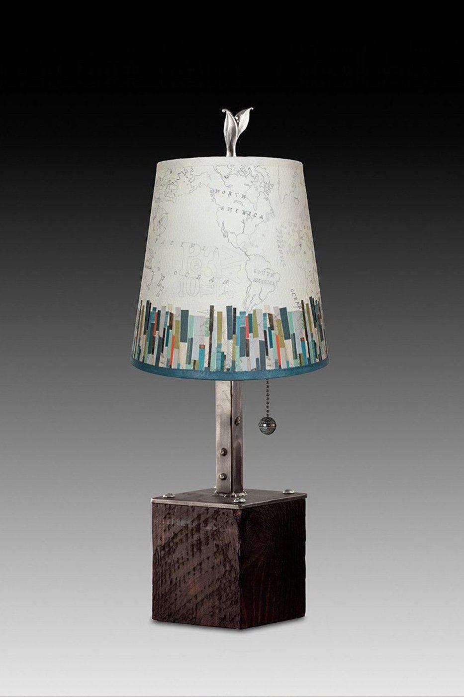 Janna Ugone &amp; Co Table Lamps Steel Table Lamp on Reclaimed Wood with Small Drum Shade in Papers Edge