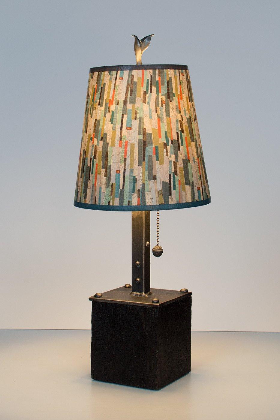 Janna Ugone &amp; Co Table Lamps Steel Table Lamp on Reclaimed Wood with Small Drum Shade in Papers