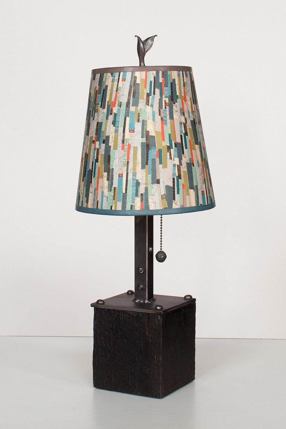 Janna Ugone & Co Table Lamps Steel Table Lamp on Reclaimed Wood with Small Drum Shade in Papers